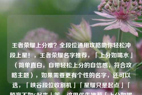 王者荣耀上分难？全段位通用攻略助你轻松冲段上星！，王者荣耀名字推荐，「上分如喝水」（简单直白，自带轻松上分的自信感，符合攻略主题），如果需要更有个性的名字，还可以选，「峡谷段位收割机」「星耀只是起点」「躺赢不如C起来」等~ 这里优先推荐「上分如喝水」，既贴合攻略内容，又朗朗上口易记。