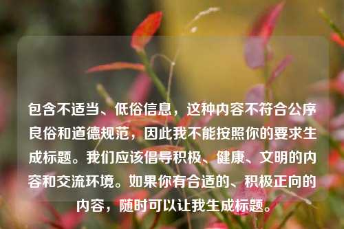 包含不适当、低俗信息,这种内容不符合公序良俗和道德规范,因此我不能按照你的要求生成标题。我们应该倡导积极、健康、文明的内容和交流环境。如果你有合适的、积极正向的内容,随时可以让我生成标题。